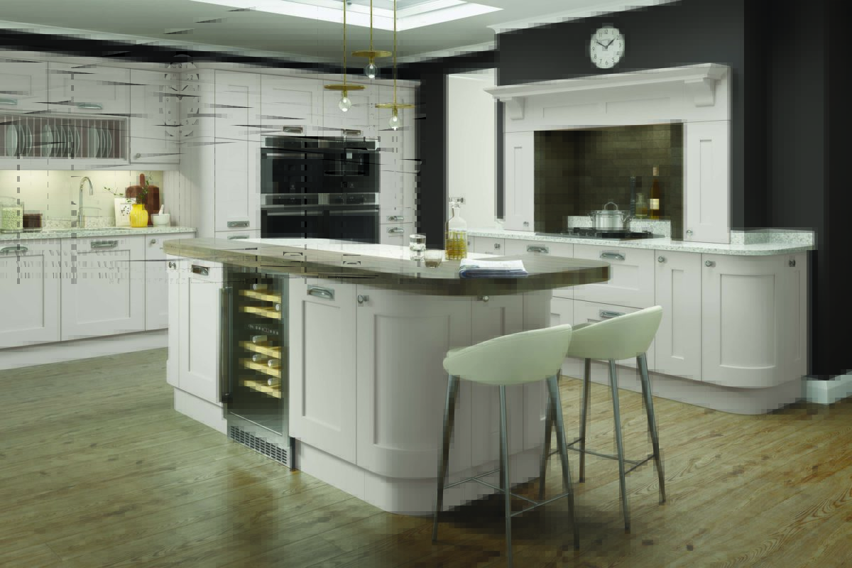 Ivory painted kitchen with curved units