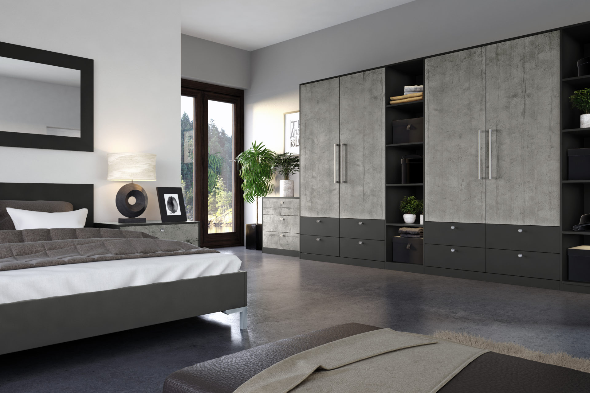 Smooth Concrete and anthracite designer bedroom
