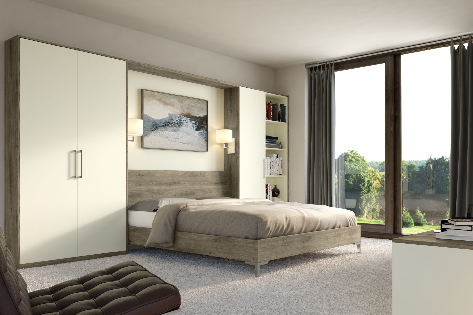 Cream and Denver oak fitted bedroom furniture